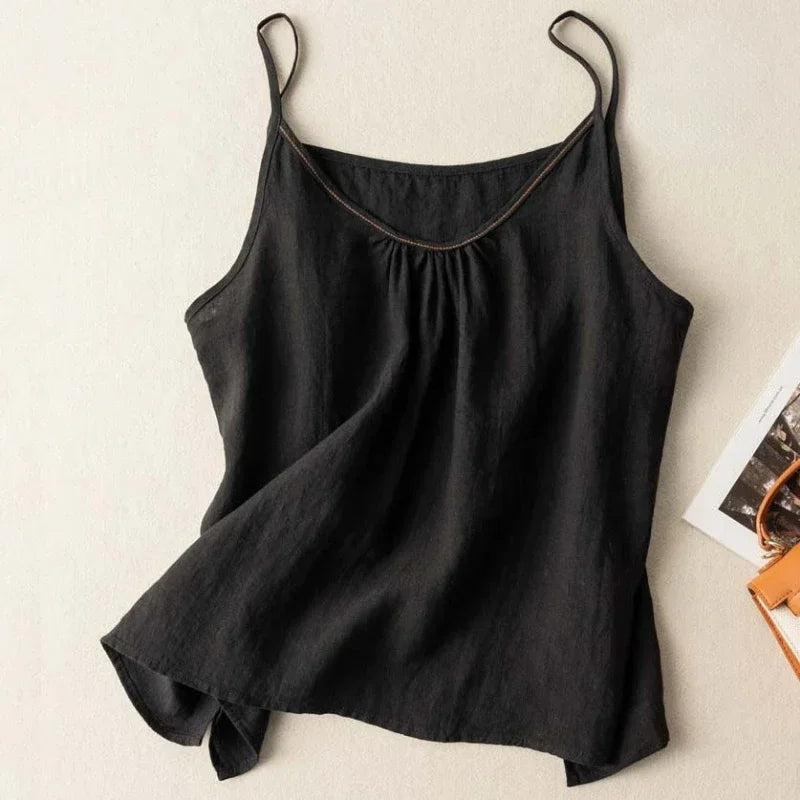 Fashion COTTON Linen Spaghetti Strap Tank Top Solid Versatile Women Top New Summer 2024 Casual Loose Retro Black Tanks & Camis