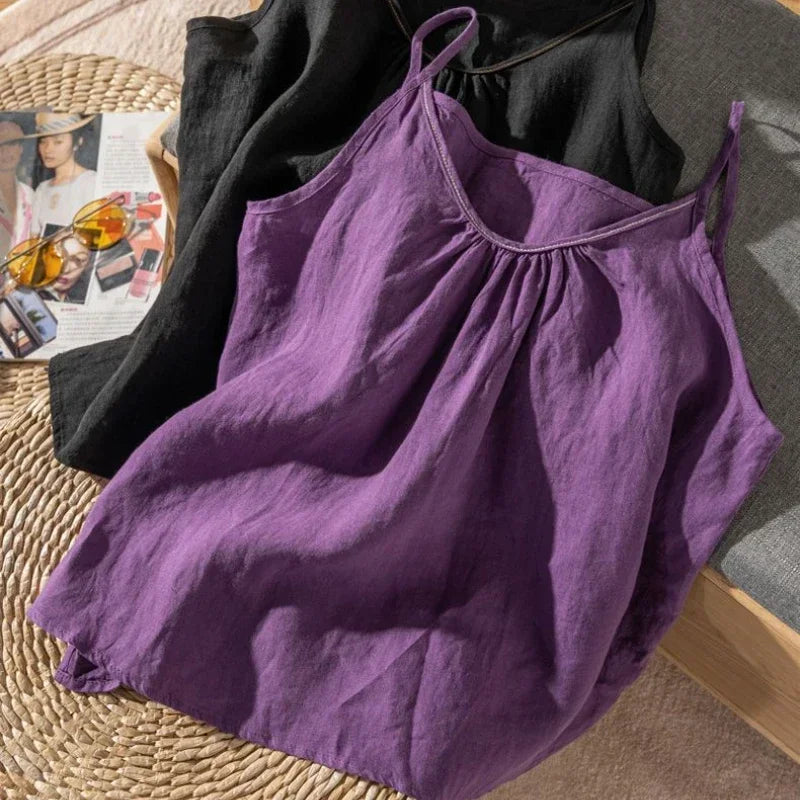 Fashion COTTON Linen Spaghetti Strap Tank Top Solid Versatile Women Top New Summer 2024 Casual Loose Retro Black Tanks & Camis