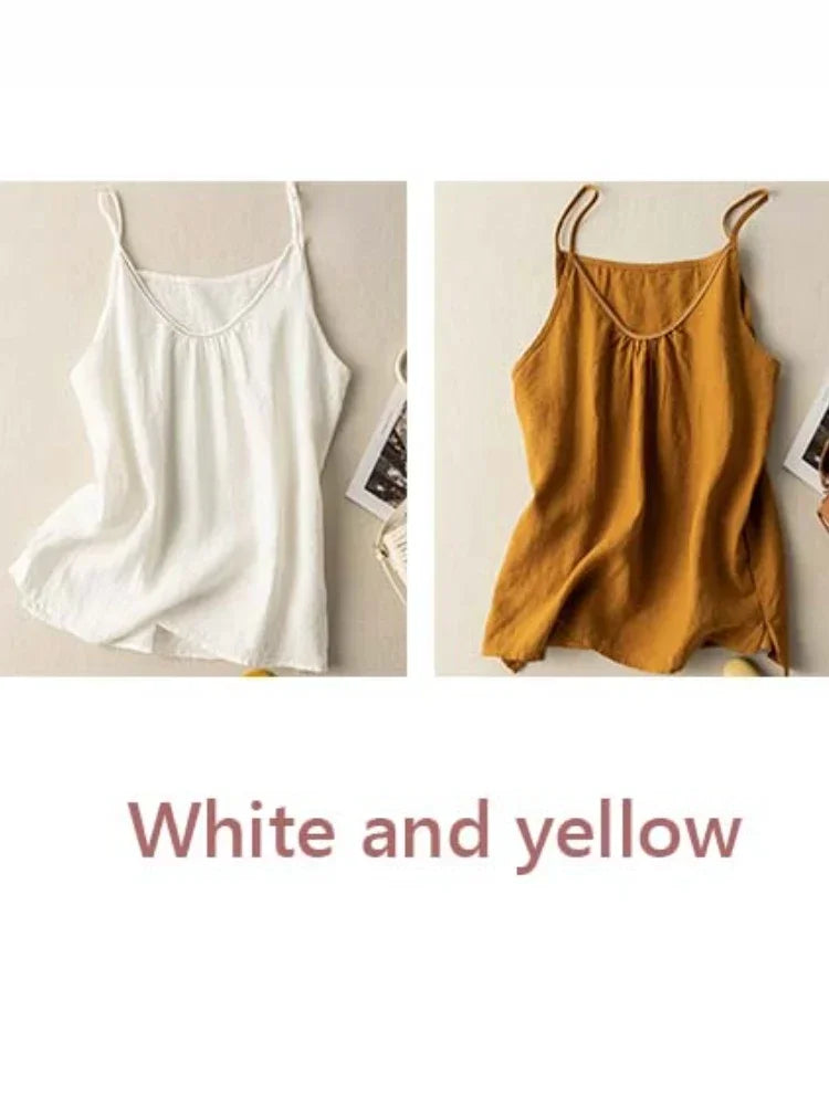 Fashion COTTON Linen Spaghetti Strap Tank Top Solid Versatile Women Top New Summer 2024 Casual Loose Retro Black Tanks & Camis