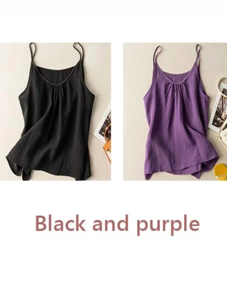 Fashion COTTON Linen Spaghetti Strap Tank Top Solid Versatile Women Top New Summer 2024 Casual Loose Retro Black Tanks & Camis