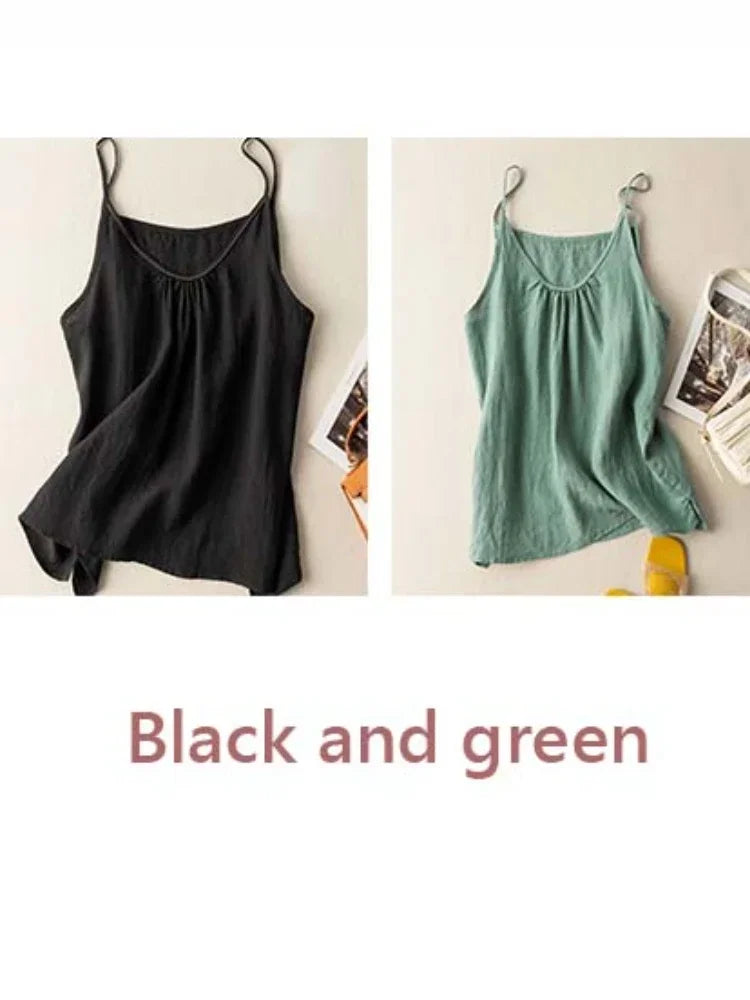 Fashion COTTON Linen Spaghetti Strap Tank Top Solid Versatile Women Top New Summer 2024 Casual Loose Retro Black Tanks & Camis