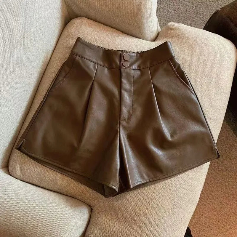 Women Chic Fashion Side Pockets Black Faux Leather Shorts Vintage High Waist Zipper Fly Female Short Pants Mujer PU Y2k Sexy