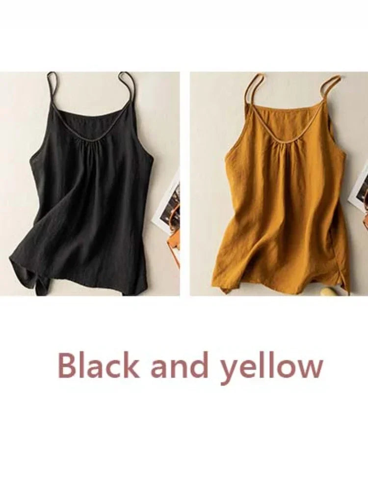 Fashion COTTON Linen Spaghetti Strap Tank Top Solid Versatile Women Top New Summer 2024 Casual Loose Retro Black Tanks & Camis