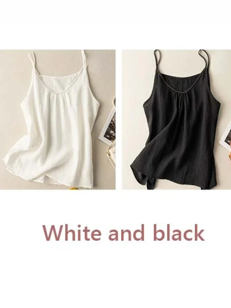 Fashion COTTON Linen Spaghetti Strap Tank Top Solid Versatile Women Top New Summer 2024 Casual Loose Retro Black Tanks & Camis