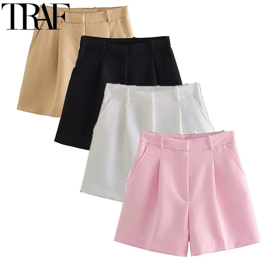 TRAF Female Shorts Black Pink Shorts Woman Summer 2024 Pleated Baggy White Shorts For Women Casual High Waist Short Pants